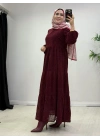 Yeni Sezon Flok Baskı Elbise Bordo