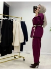 Tasarım Ceketli Keten Takım-Kemer Hediyeli Bordo
