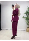 Tasarım Ceketli Keten Takım-Kemer Hediyeli Bordo