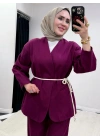 Tasarım Ceketli Keten Takım-Kemer Hediyeli Bordo