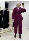 Tasarım Ceketli Keten Takım-Kemer Hediyeli Bordo
