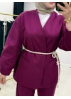 Tasarım Ceketli Keten Takım-Kemer Hediyeli Bordo