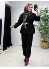 Tasarım Ceketli Keten Takım-Kemer Hediyeli Siyah