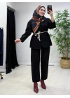 Tasarım Ceketli Keten Takım-Kemer Hediyeli Siyah