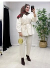 Tasarım Ceketli Keten Takım-Kemer Hediyeli Krem
