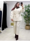 Tasarım Ceketli Keten Takım-Kemer Hediyeli Krem