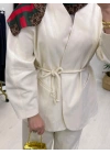 Tasarım Ceketli Keten Takım-Kemer Hediyeli Krem