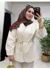 Tasarım Ceketli Keten Takım-Kemer Hediyeli Krem