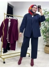Tasarım Ceketli Keten Takım-Kemer Hediyeli Lacivert