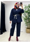 Tasarım Ceketli Keten Takım-Kemer Hediyeli Lacivert