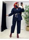 Tasarım Ceketli Keten Takım-Kemer Hediyeli Lacivert