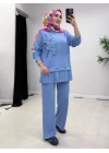 Gül Broş Detaylı Oysho Kumaş Takım Bebe Mavi