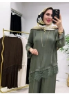 Dantel Detaylı Takım İpek Kumaş Haki