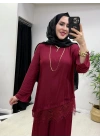Dantel Detaylı Takım İpek Kumaş Bordo
