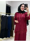 Dantel Detaylı Takım İpek Kumaş Bordo