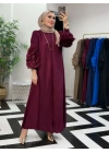 İthal Volan Detaylı Elbise Bordo