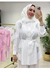 Nakışlı Gömlek Beyaz Mavi İşleme