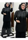Sim Detaylı Triko Takım Siyah