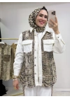 Yılan Desenli Kot Ceket Beyaz