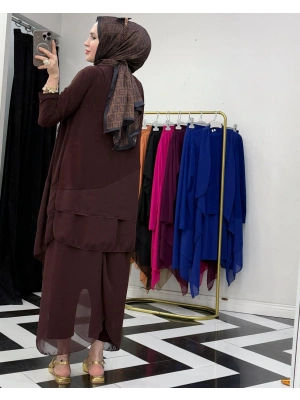 3’lü Takım Şık Tesettür Elbise – Candy Kumaş Kahverengi