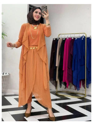 3’lü Takım Şık Tesettür Elbise – Candy Kumaş Somon