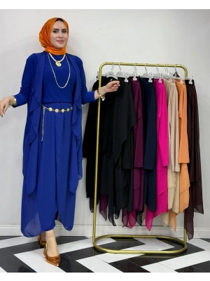 3’lü Takım Şık Tesettür Elbise – Candy Kumaş Saks Mavi