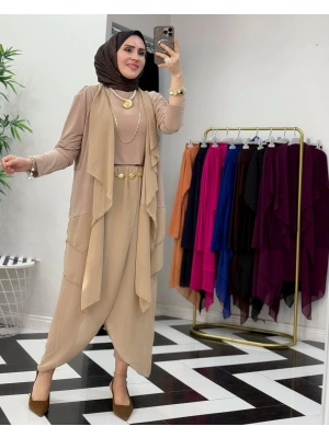 3’lü Takım Şık Tesettür Elbise – Candy Kumaş Vizon