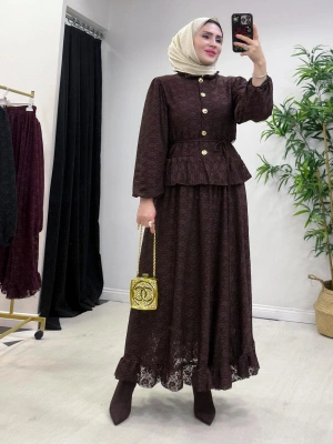 Tasarım Dantel Etekli Takım Kahverengi