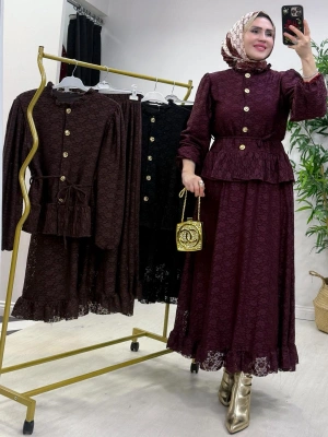 Tasarım Dantel Etekli Takım Mürdüm