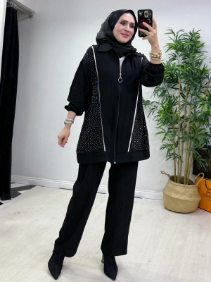 Ağaç Kabuğu Kumaş Takım Siyah