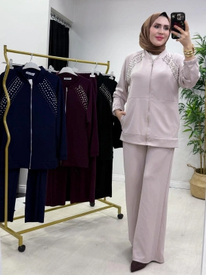 Oysho Kumaş Taş Detaylı Spor Takım Pudra