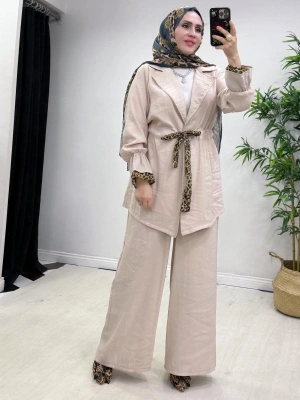 Leopar Detaylı Qupra Takım Krem