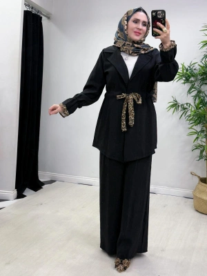 Leopar Detaylı Qupra Takım Siyah