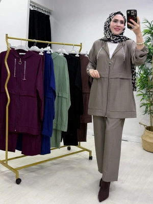 Ağaçkabuğu Kumaş Rahat Kalıp Takım Vizon