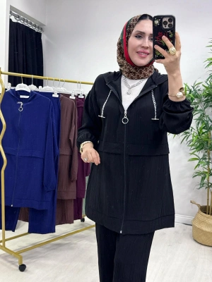 Ağaçkabuğu Kumaş Rahat Kalıp Takım Siyah