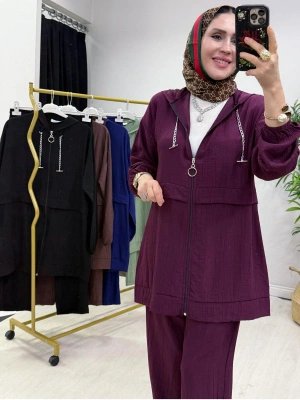 Ağaçkabuğu Kumaş Rahat Kalıp Takım Mürdüm