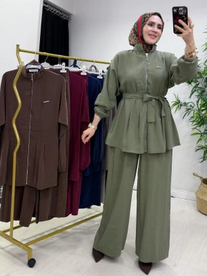 Kurdele Detaylı Modal Takım Haki Yeşil