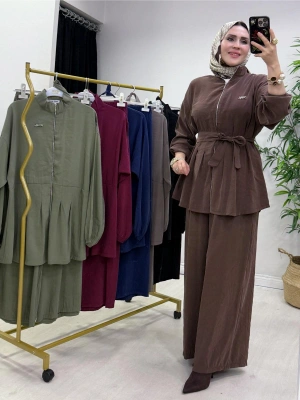 Kurdele Detaylı Modal Takım Kahverengi