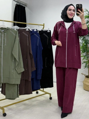 Zımba Detaylı Takım Mürdüm