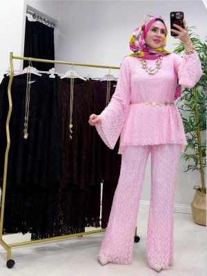 Dantel Detaylı Kemer Hediyeli Şık Takım Pembe