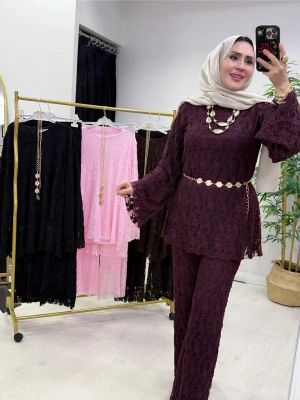 Dantel Detaylı Kemer Hediyeli Şık Takım Mürdüm