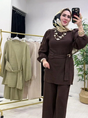 Müslin Kumaş Yazlık Pamuklu Takım Kahverengi