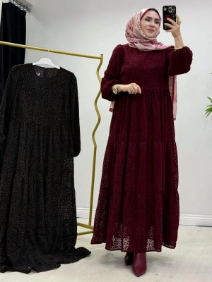Yeni Sezon Flok Baskı Elbise Bordo