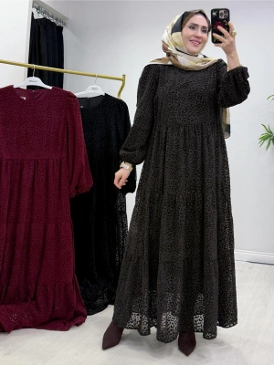 Yeni Sezon Flok Baskı Elbise Kahverengi