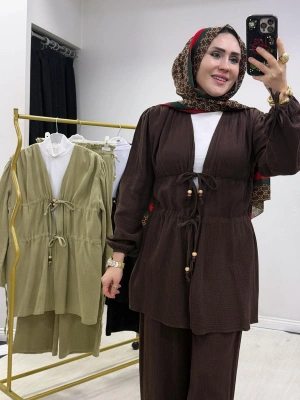 Yeni Sezon Müslin Kumaş Yazlık Takım Kahverengi