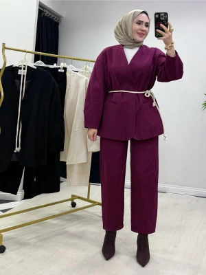 Tasarım Ceketli Keten Takım-Kemer Hediyeli Bordo