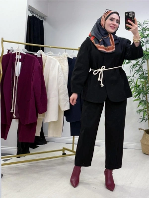 Tasarım Ceketli Keten Takım-Kemer Hediyeli Siyah