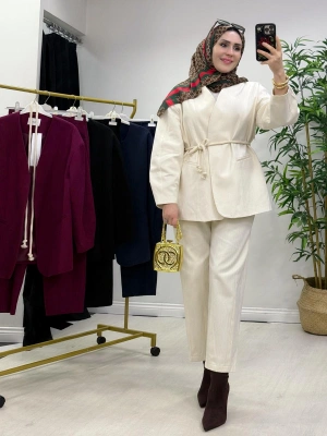 Tasarım Ceketli Keten Takım-Kemer Hediyeli Krem