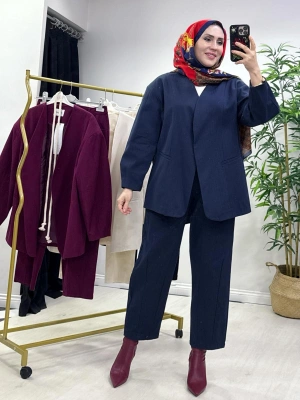 Tasarım Ceketli Keten Takım-Kemer Hediyeli Lacivert