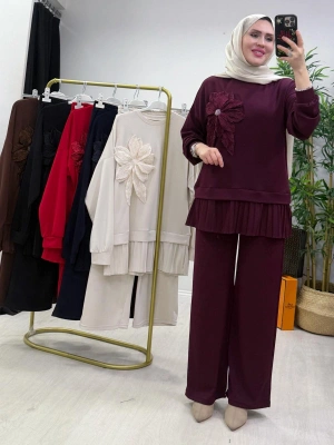 Gül Broş Detaylı Oysho Kumaş Takım Mürdüm